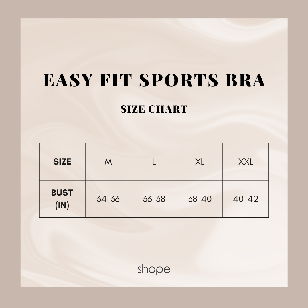 Easy Fit Sports Bra size chart: M 34-36, L 36-38, XL 38-40, 2XL 40-42 inch bust, SHAPE Lingerie