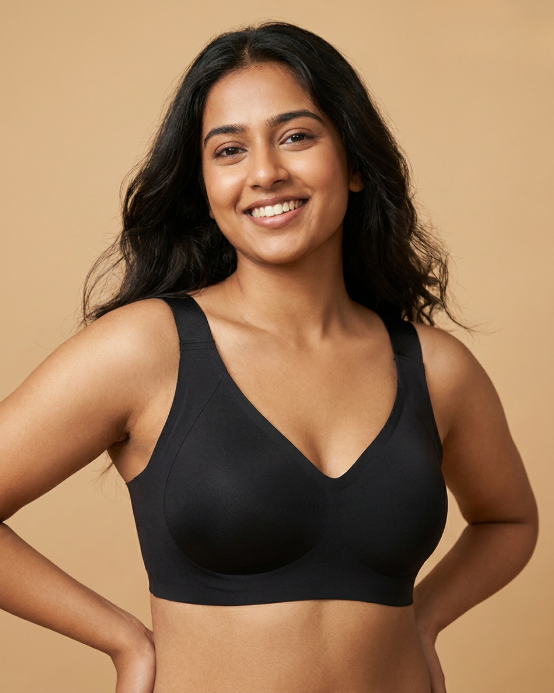 Model wearing SHAPE Plus Size Sculpting Bra in Black, front view