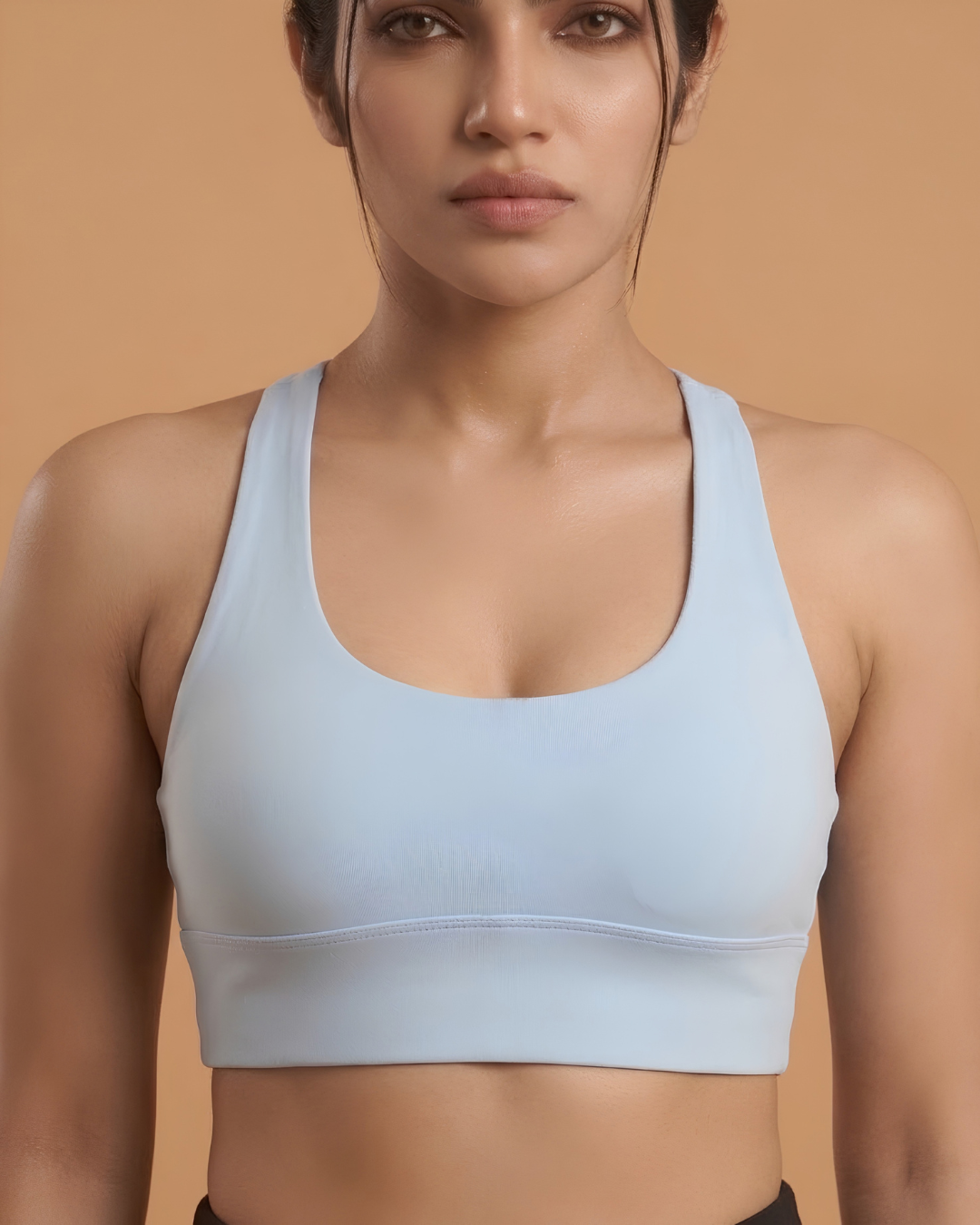 Power Sculpt Sports Bra in Sky Blue, front view, worn by a model, SHAPE Lingerie