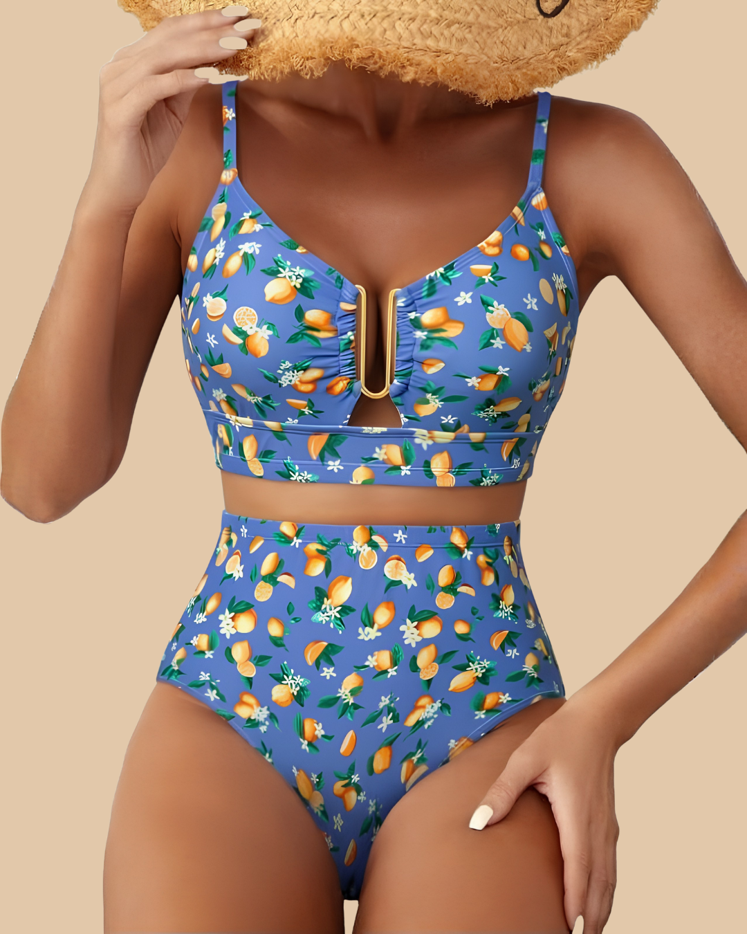 Golden Hour Swimsuit in Citrus Blue, blue lemon print V-neck high-waist bikini, front view on model