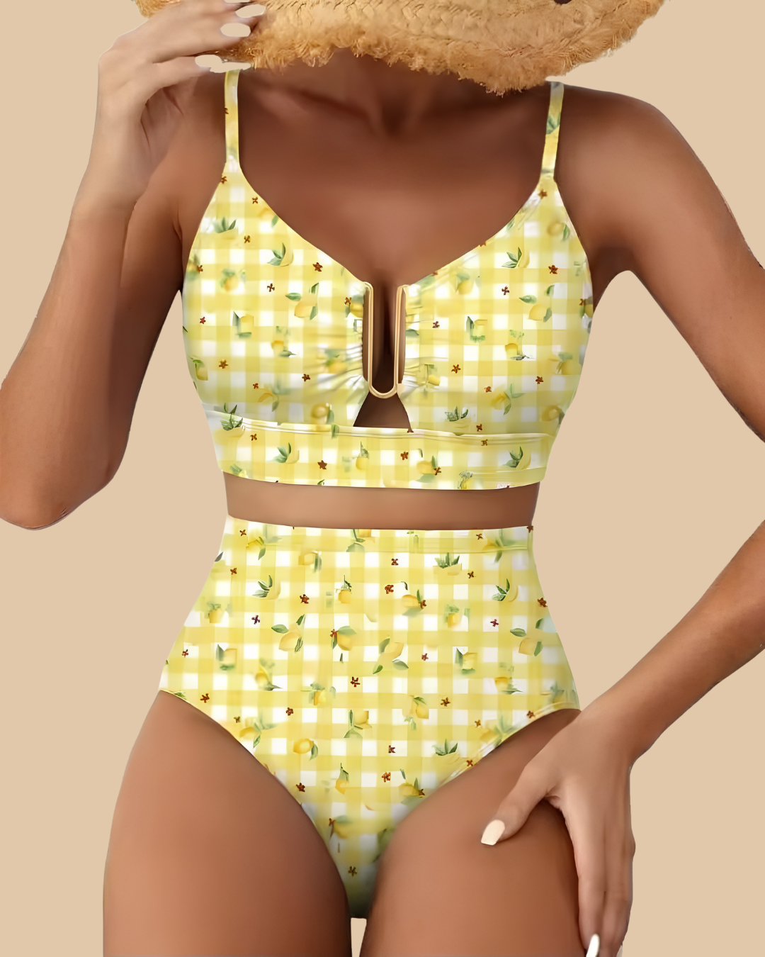 Golden Hour Swimsuit in Lemonade, yellow lemon print V-neck high-waist bikini, front view on model