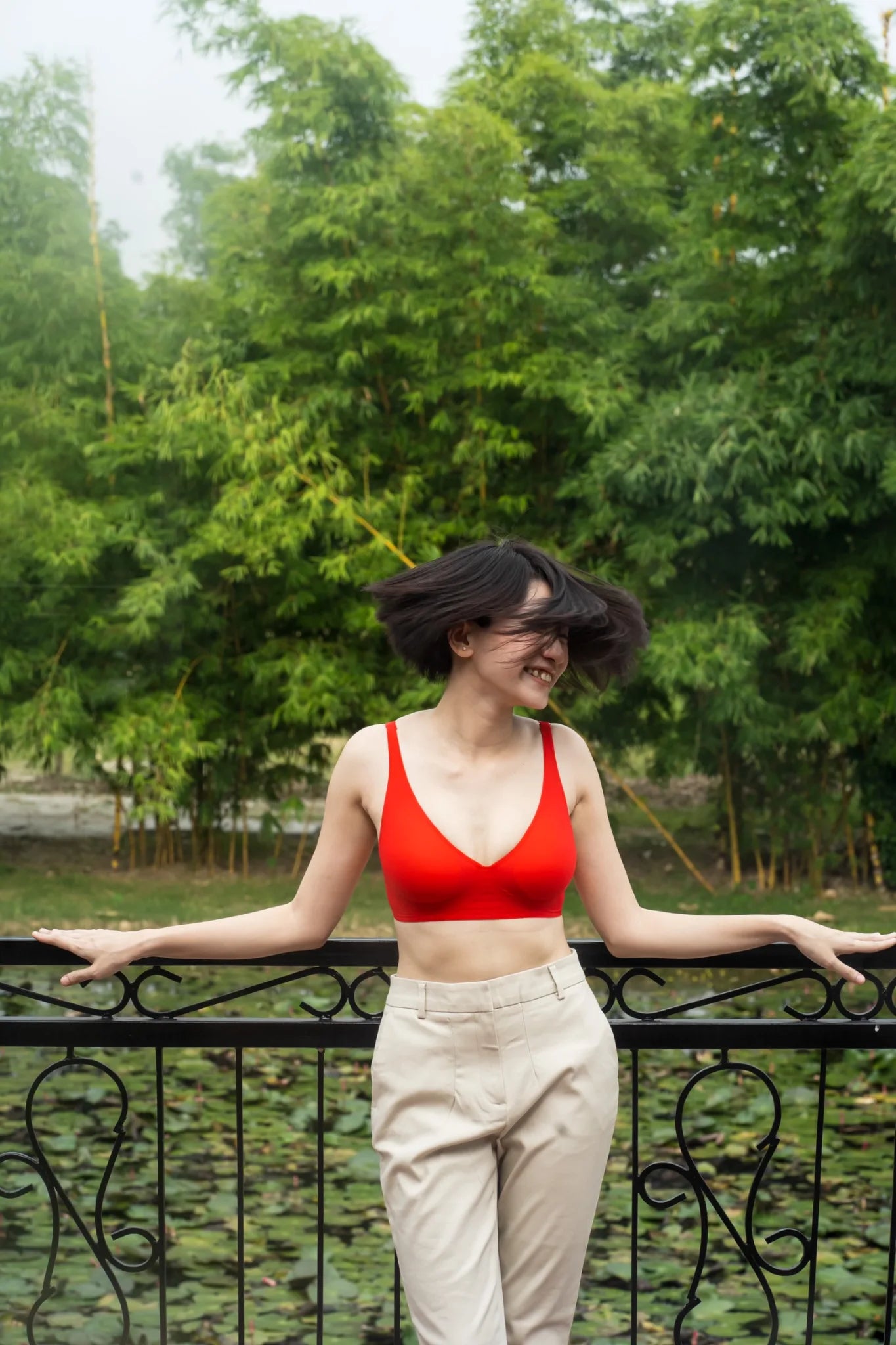 Red SHAPE Plunge Lite bra, front view, on model
