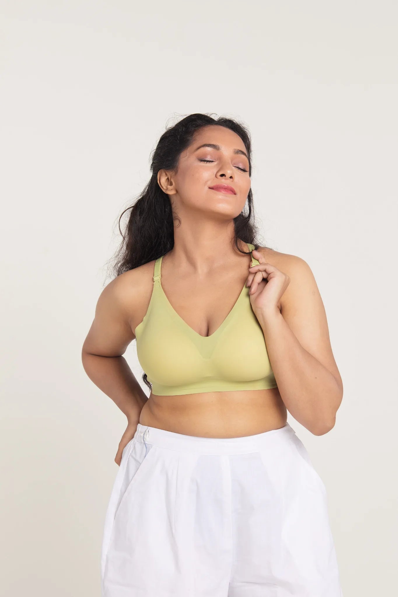 Lime green SHAPE Seamless Lite Bra, front view, on model