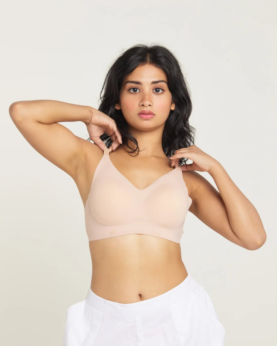 Nude beige SHAPE Seamless Lite Bra, front view, on model