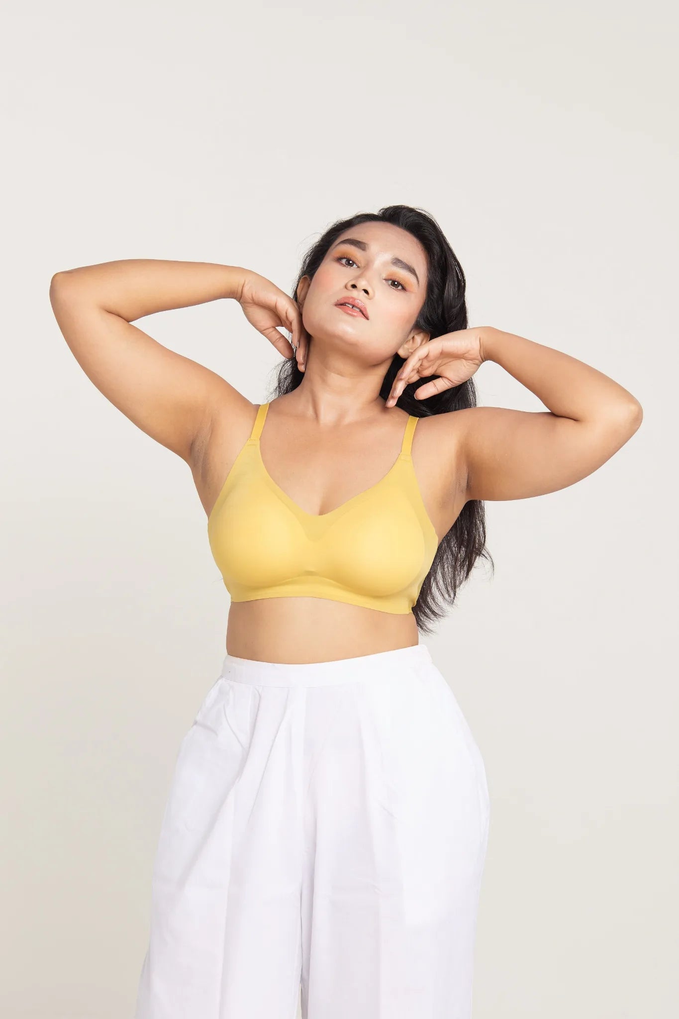 Yellow SHAPE Seamless Lite Bra, front view, on model