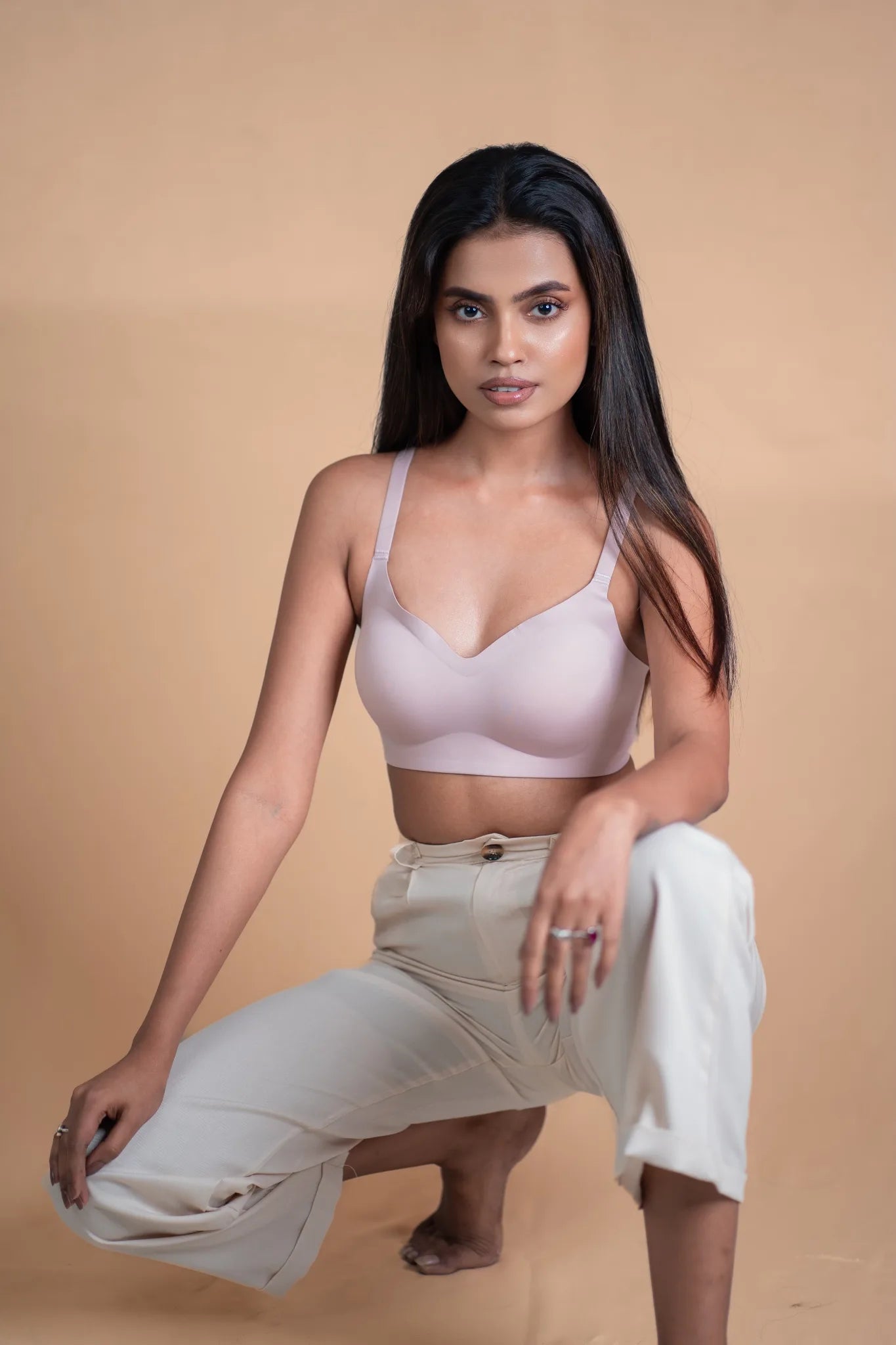 Blush pink SHAPE Signature Seamless Bra, front view, on model