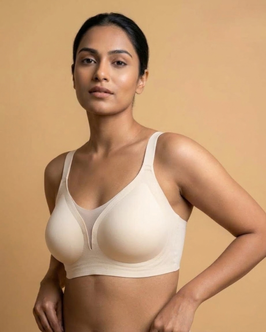 VLite Seamless Bra in Beige worn by a model, front view, SHAPE Lingerie